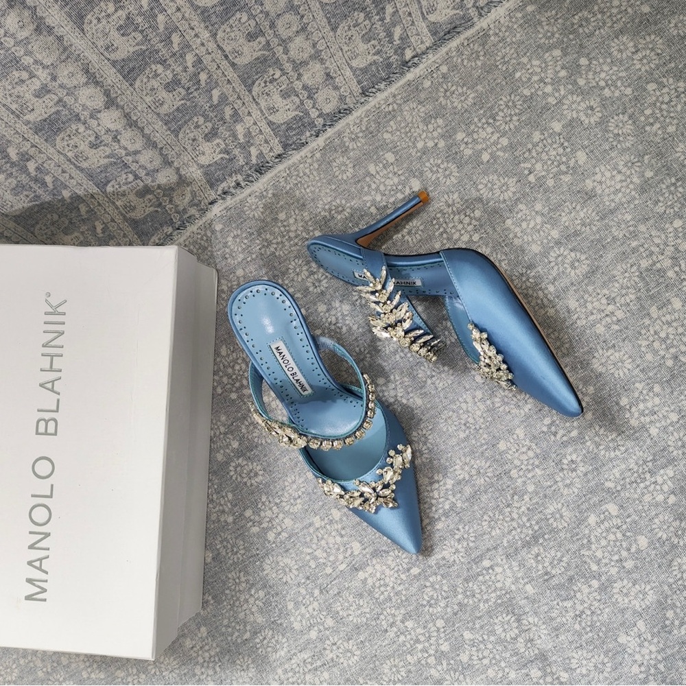Manolo Blahnik Light Blue Satin Pointed-Toe Jeweled Mules - Picture 9 of 13